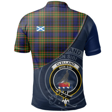 Scottish Clelland Modern Clan Crest Tartan Polo Shirt - Bend Style Back Side Tartan Plaid