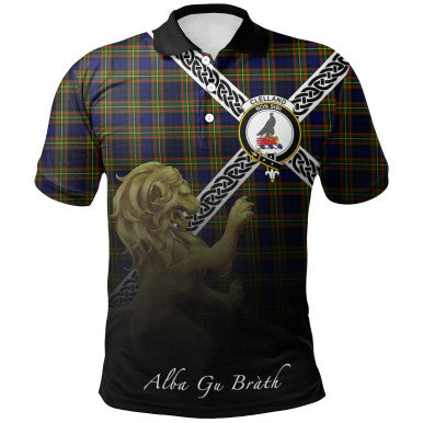 Scottish Clelland Modern Clan Crest Tartan Polo Shirt - Celtic with Scotland Lion Front Side Tartan Plaid