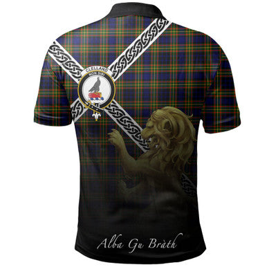 Scottish Clelland Modern Clan Crest Tartan Polo Shirt - Celtic with Scotland Lion Back Side Tartan Plaid