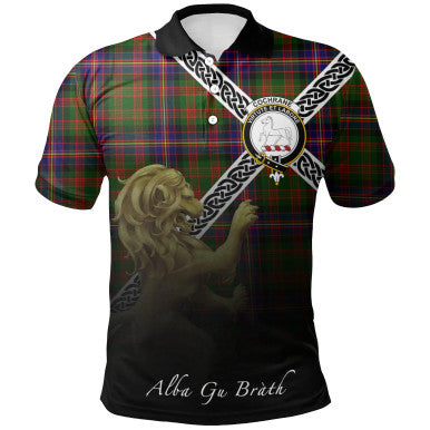 Scottish Cochrane Modern Clan Crest Tartan Polo Shirt - Celtic with Scotland Lion Front Side Tartan Plaid