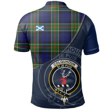 Scottish Colquhoun Modern Clan Crest Tartan Polo Shirt - Bend Style Back Side Tartan Plaid