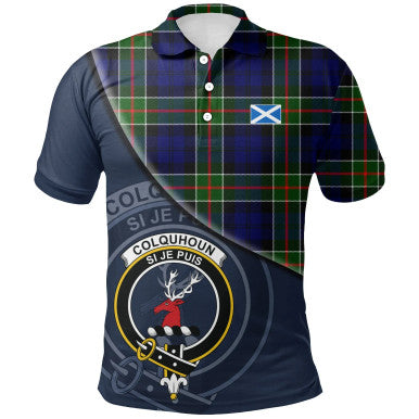 Scottish Colquhoun Modern Clan Crest Tartan Polo Shirt - Bend Style Front Side Tartan Plaid