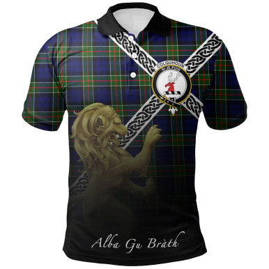 Scottish Colquhoun Modern Clan Crest Tartan Polo Shirt - Celtic with Scotland Lion Front Side Tartan Plaid