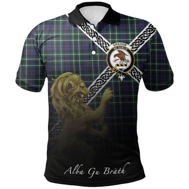 Scottish Graham of Montrose Modern Clan Crest Tartan Polo Shirt - Celtic with Scotland Lion Front Side Tartan Plaid