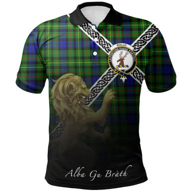 Scottish Rollo Modern Clan Crest Tartan Polo Shirt - Celtic with Scotland Lion Front Side Tartan Plaid