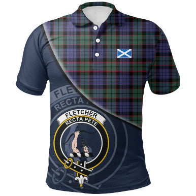 Scottish Fletcher Modern Clan Crest Tartan Polo Shirt - Bend Style Front Side Tartan Plaid