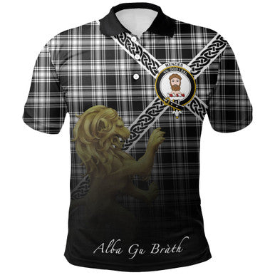 Scottish Menzies Black & White Modern Clan Crest Tartan Polo Shirt - Celtic with Scotland Lion Front Side Tartan Plaid