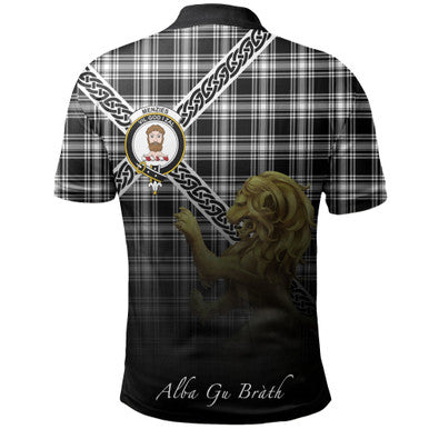Scottish Menzies Black & White Modern Clan Crest Tartan Polo Shirt - Celtic with Scotland Lion Back Side Tartan Plaid