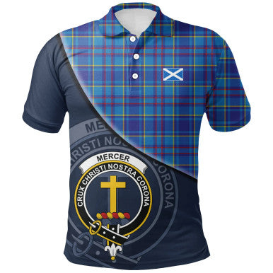 Scottish Mercer Modern Clan Crest Tartan Polo Shirt - Bend Style Front Side Tartan Plaid