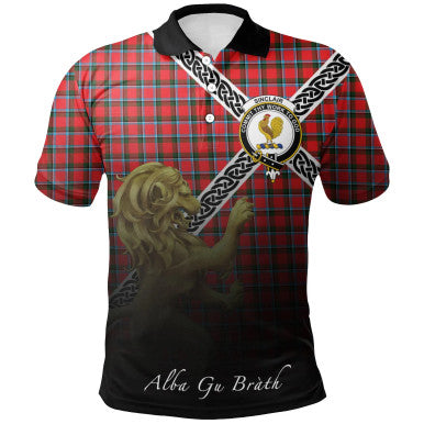 Scottish Sinclair Modern Clan Crest Tartan Polo Shirt - Celtic with Scotland Lion Front Side Tartan Plaid