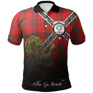 Scottish Ross Modern Clan Crest Tartan Polo Shirt - Celtic with Scotland Lion Front Side Tartan Plaid