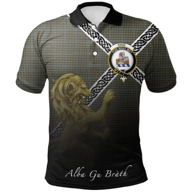 Scottish Haig Check Clan Crest Tartan Polo Shirt - Celtic with Scotland Lion Front Side Tartan Plaid