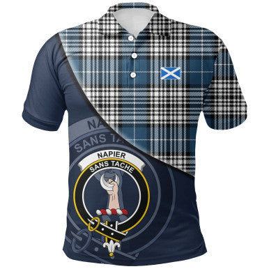 Scottish Napier Modern Clan Crest Tartan Polo Shirt - Bend Style Front Side Tartan Plaid