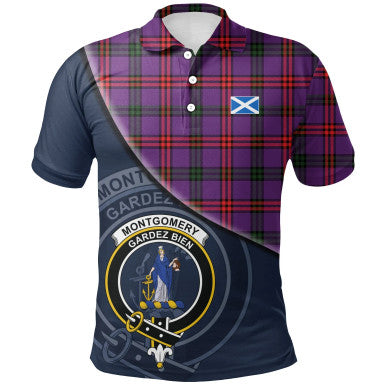 Scottish Montgomery Modern Clan Crest Tartan Polo Shirt - Bend Style Front Side Tartan Plaid