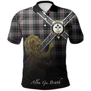Scottish Moffat Modern Clan Crest Tartan Polo Shirt - Celtic with Scotland Lion Front Side Tartan Plaid