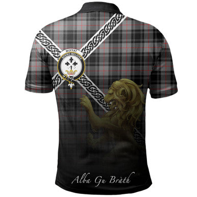 Scottish Moffat Modern Clan Crest Tartan Polo Shirt - Celtic with Scotland Lion Back Side Tartan Plaid