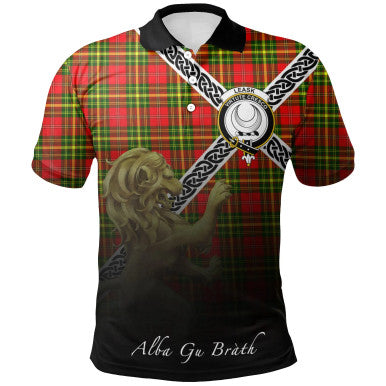 Scottish Leask Clan Crest Tartan Polo Shirt - Celtic with Scotland Lion Front Side Tartan Plaid