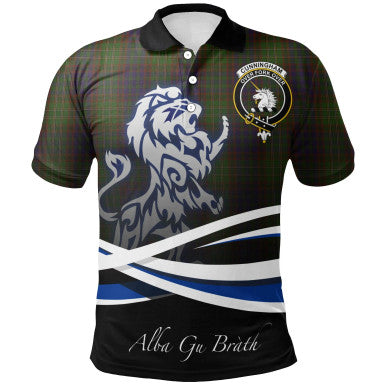 Scottish Cunningham Hunting Modern Clan Crest Tartan Polo Shirt - Scotland Lion Front Side Tartan Plaid
