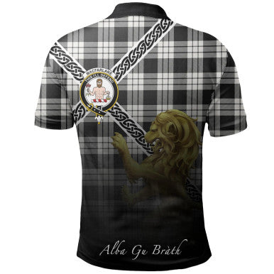 Scottish MacFarlane Black & White Clan Crest Tartan Polo Shirt - Celtic with Scotland Lion Back Side Tartan Plaid