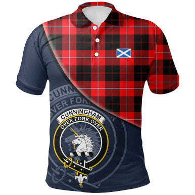 Scottish Cunningham Modern Clan Crest Tartan Polo Shirt - Bend Style Front Side Tartan Plaid