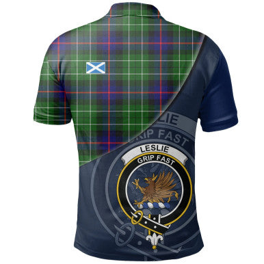 Scottish Leslie Hunting Clan Crest Tartan Polo Shirt - Bend Style Back Side Tartan Plaid