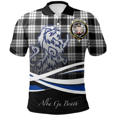 Scottish MacFarlane Black & White Clan Crest Tartan Polo Shirt - Scotland Lion Front Side Tartan Plaid