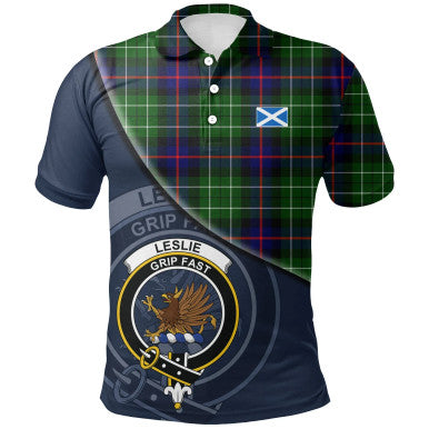 Scottish Leslie Hunting Clan Crest Tartan Polo Shirt - Bend Style Front Side Tartan Plaid