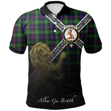 Scottish Sutherland Modern Clan Crest Tartan Polo Shirt - Celtic with Scotland Lion Front Side Tartan Plaid