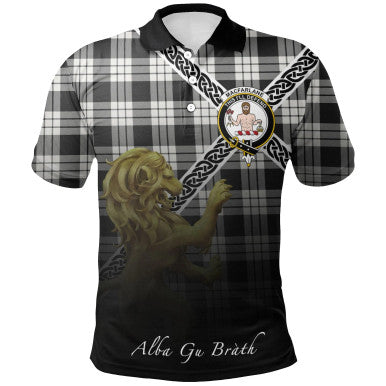 Scottish MacFarlane Black & White Clan Crest Tartan Polo Shirt - Celtic with Scotland Lion Front Side Tartan Plaid