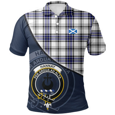 Scottish Hannay Modern Clan Crest Tartan Polo Shirt - Bend Style Front Side Tartan Plaid