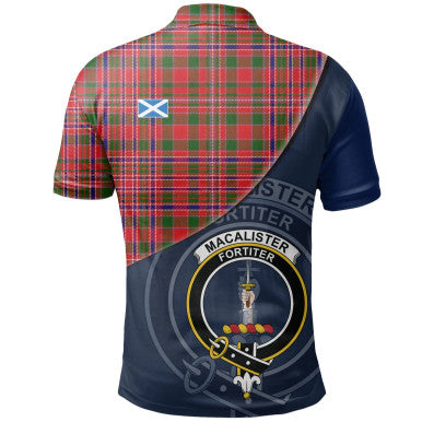 Scottish MacAlister Modern Clan Crest Tartan Polo Shirt - Bend Style Back Side Tartan Plaid