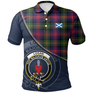 Scottish Logan Modern Clan Crest Tartan Polo Shirt - Bend Style Front Side Tartan Plaid