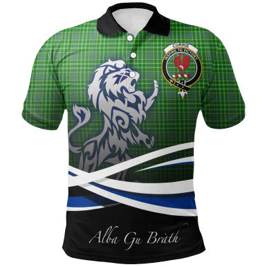 Scottish Currie Clan Crest Tartan Polo Shirt - Scotland Lion Front Side Tartan Plaid