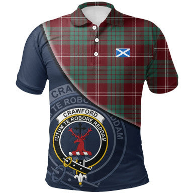 Scottish Crawford Modern Clan Crest Tartan Polo Shirt - Bend Style Front Side Tartan Plaid