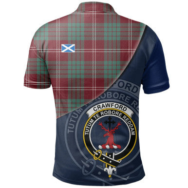 Scottish Crawford Modern Clan Crest Tartan Polo Shirt - Bend Style Back Side Tartan Plaid