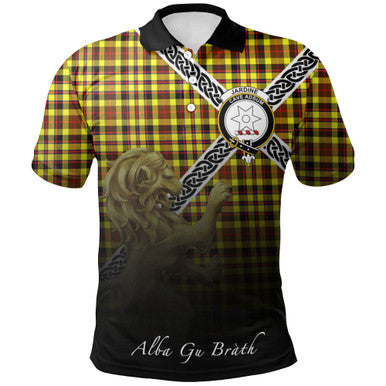 Scottish Jardine Clan Crest Tartan Polo Shirt - Celtic with Scotland Lion Front Side Tartan Plaid