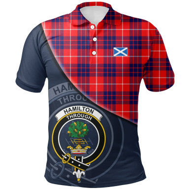 Scottish Hamilton Modern Clan Crest Tartan Polo Shirt - Bend Style Front Side Tartan Plaid