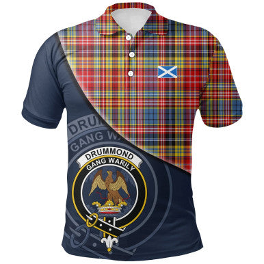 Scottish Drummond of Strathallan Clan Crest Tartan Polo Shirt - Bend Style Front Side Tartan Plaid