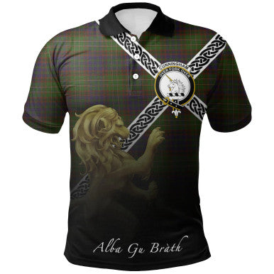 Scottish Cunningham Hunting Modern Clan Crest Tartan Polo Shirt - Celtic with Scotland Lion Front Side Tartan Plaid