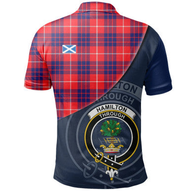 Scottish Hamilton Modern Clan Crest Tartan Polo Shirt - Bend Style Back Side Tartan Plaid