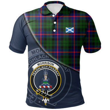 Scottish Morrison Modern Clan Crest Tartan Polo Shirt - Bend Style Front Side Tartan Plaid
