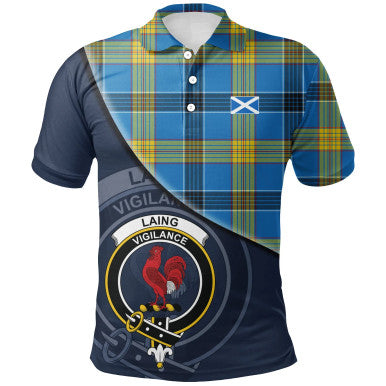 Scottish Laing Clan Crest Tartan Polo Shirt - Bend Style Front Side Tartan Plaid