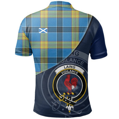 Scottish Laing Clan Crest Tartan Polo Shirt - Bend Style Back Side Tartan Plaid