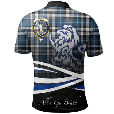 Scottish Napier Modern Clan Crest Tartan Polo Shirt - Scotland Lion Back Side Tartan Plaid