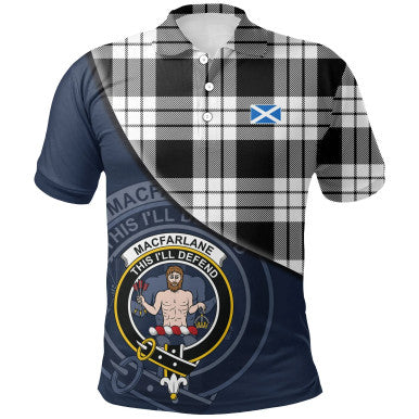 Scottish MacFarlane Black & White Clan Crest Tartan Polo Shirt - Bend Style Front Side Tartan Plaid