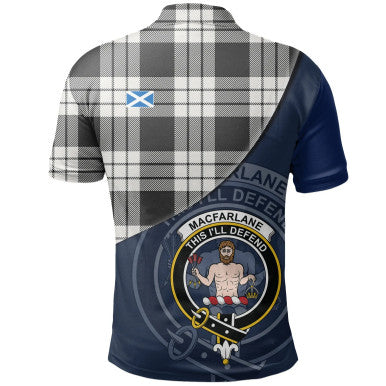 Scottish MacFarlane Black & White Clan Crest Tartan Polo Shirt - Bend Style Back Side Tartan Plaid