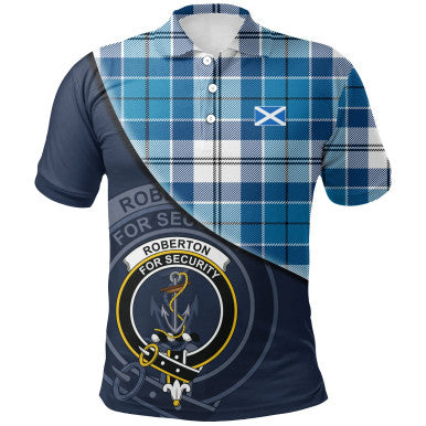 Scottish Roberton Clan Crest Tartan Polo Shirt - Bend Style Front Side Tartan Plaid