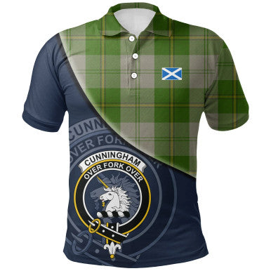 Scottish Cunningham Dress Green Dancers Clan Crest Tartan Polo Shirt - Bend Style Front Side Tartan Plaid