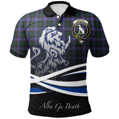 Scottish Hunter Modern Clan Crest Tartan Polo Shirt - Scotland Lion Front Side Tartan Plaid