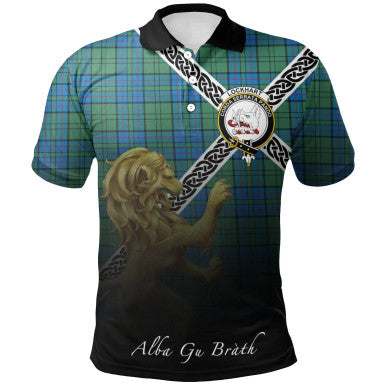 Scottish Lockhart Clan Crest Tartan Polo Shirt - Celtic with Scotland Lion Front Side Tartan Plaid